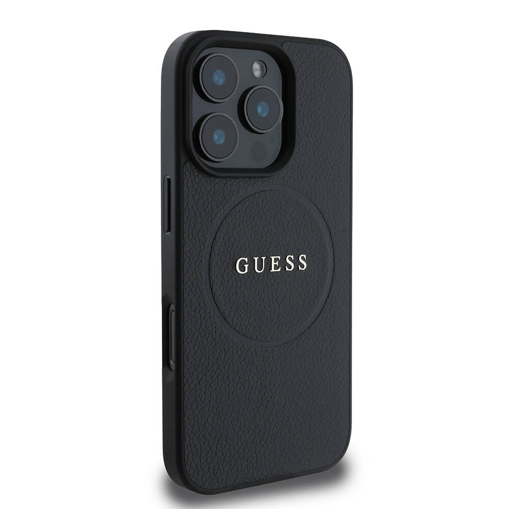 Ovitek MagSafe za Apple iPhone 16 Pro, Guess, Grained Gold Ring, Črn