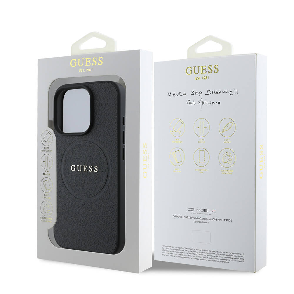 Ovitek MagSafe za Apple iPhone 16 Pro, Guess, Grained Gold Ring, Črn