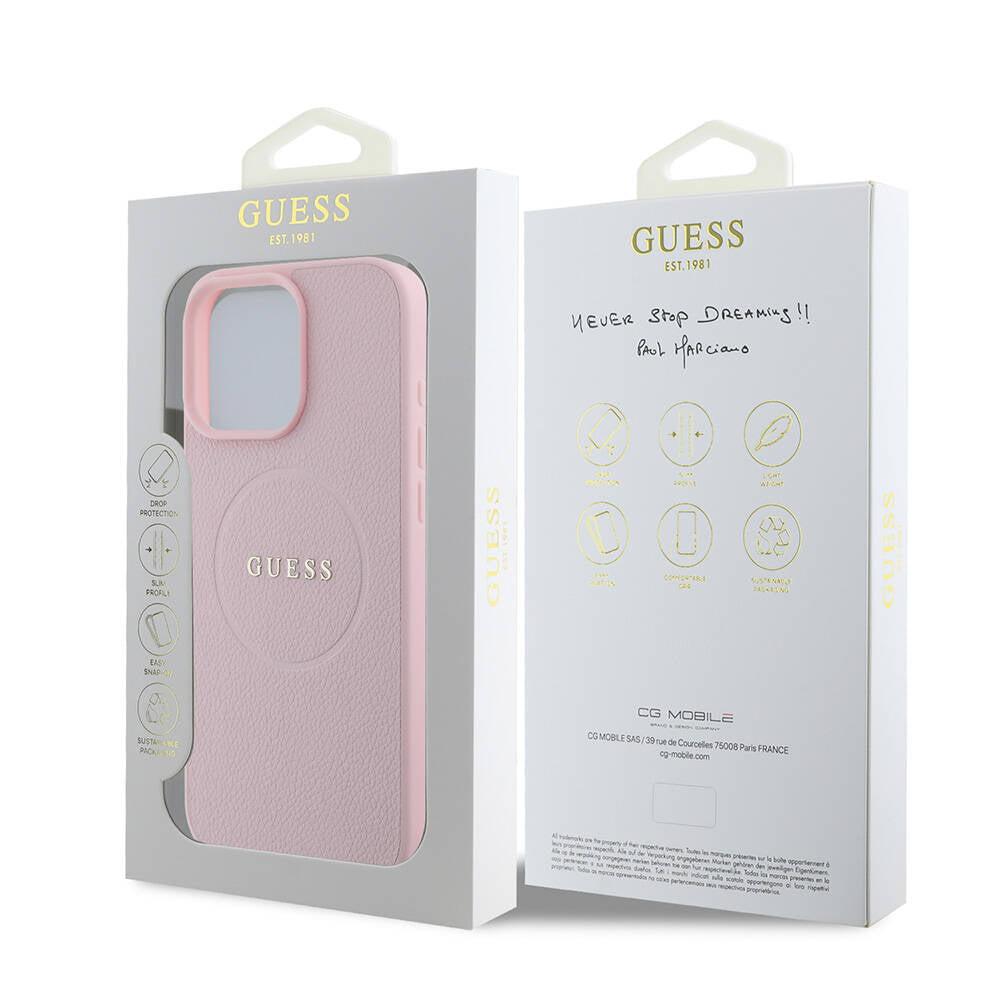 Ovitek MagSafe za Apple iPhone 16 Pro, Guess, Grained Gold Ring, Roza