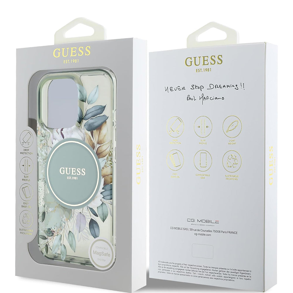 Ovitek MagSafe za Apple iPhone 16 Pro, Guess, IML Flower & Tonal Circle, zelen