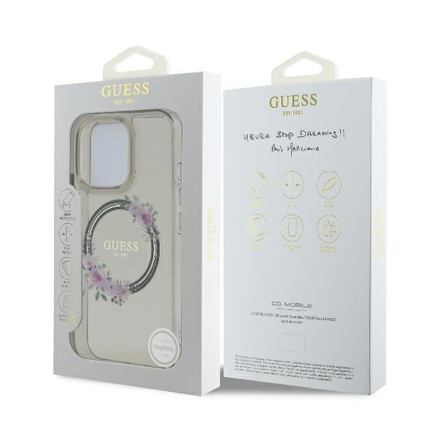 MagSafe Case for Apple iPhone 16 Pro, Guess, IML Flowers Wreath, Black