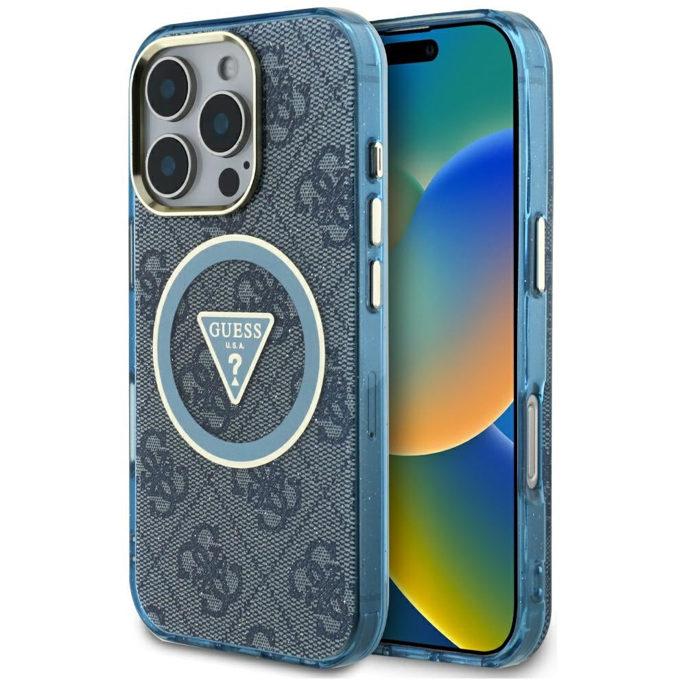 Ovitek MagSafe za Apple iPhone 16 Pro, Guess, IML Glitter 4G Circle Triangle, Modra