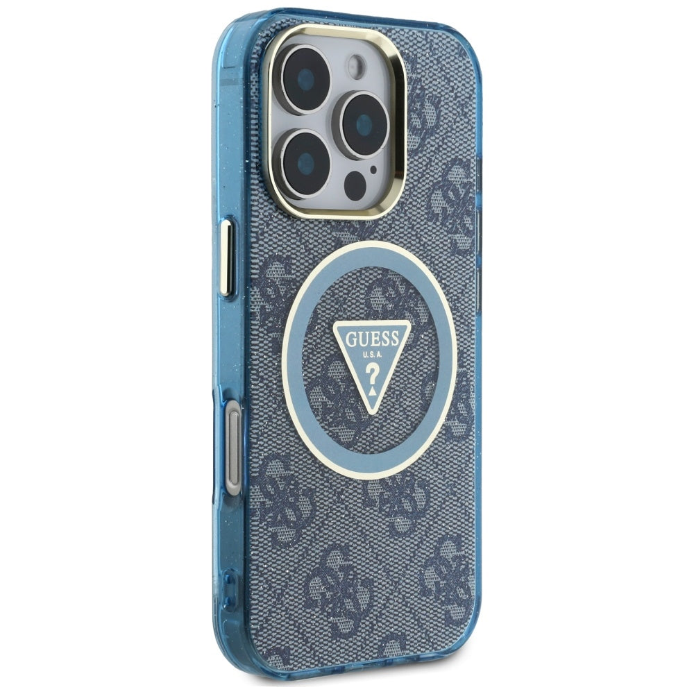 Ovitek MagSafe za Apple iPhone 16 Pro, Guess, IML Glitter 4G Circle Triangle, Modra