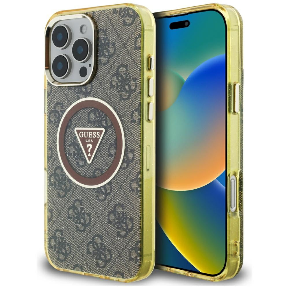Ovitek MagSafe za Apple iPhone 16 Pro, Guess, IML Glitter 4G Circle Triangle, rjava