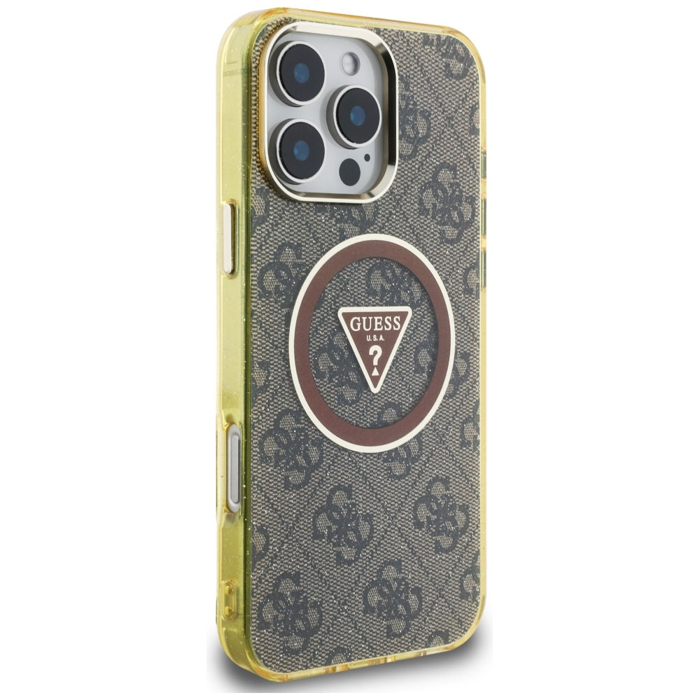 Ovitek MagSafe za Apple iPhone 16 Pro, Guess, IML Glitter 4G Circle Triangle, rjava