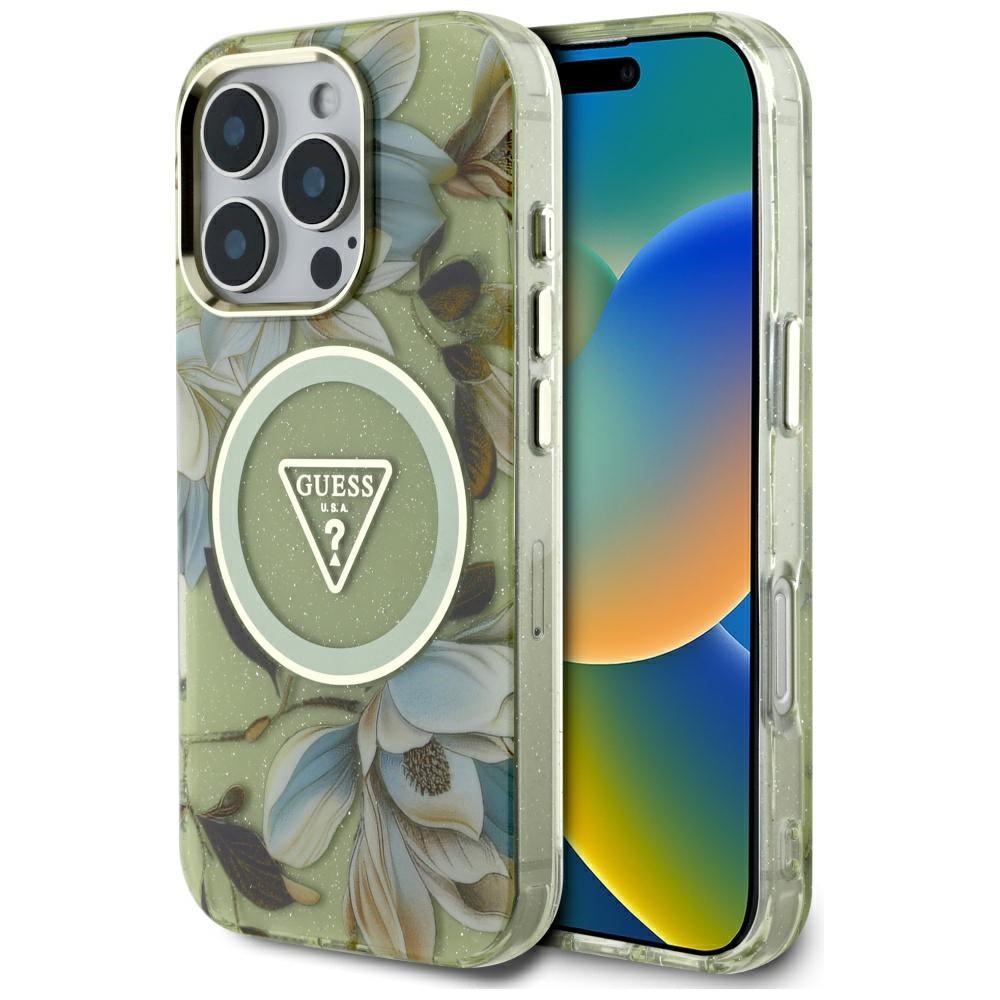 Ovitek MagSafe za Apple iPhone 16 Pro, Guess, IML Metal Glitter Flowers Triangle, Zelen