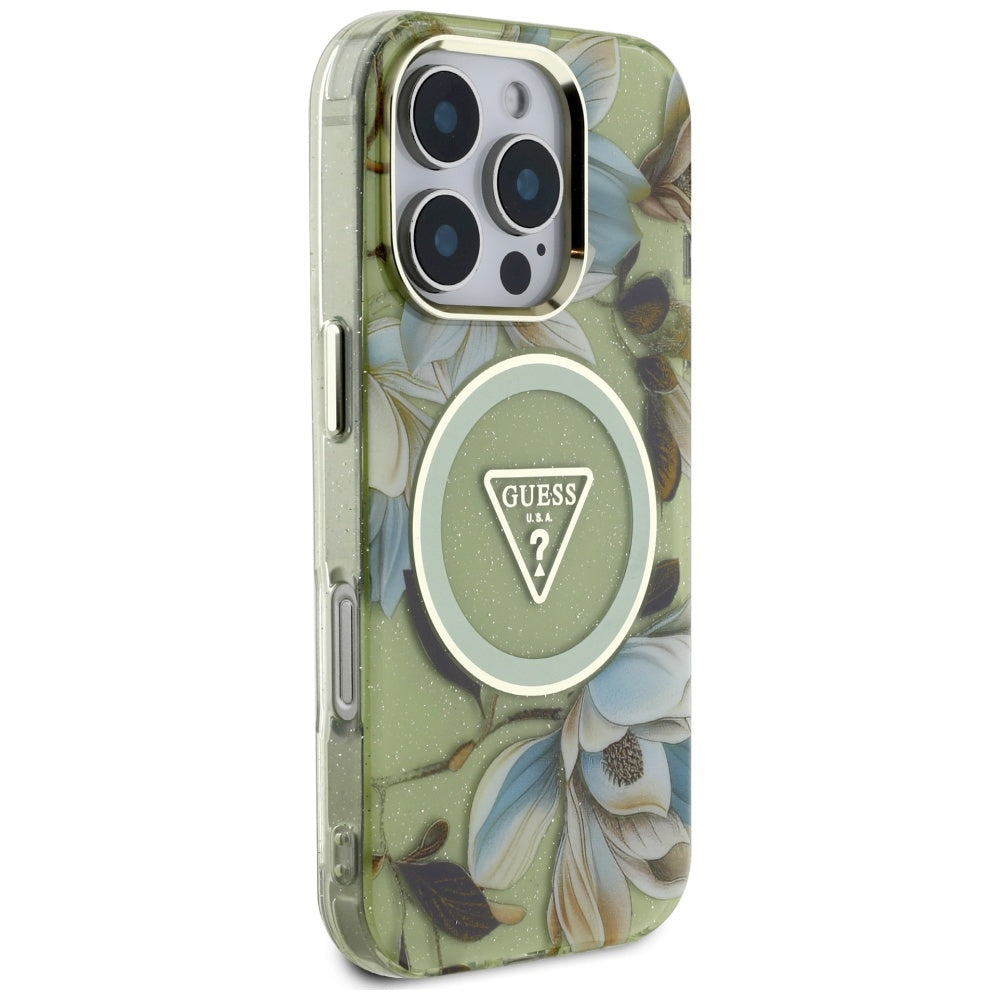 Ovitek MagSafe za Apple iPhone 16 Pro, Guess, IML Metal Glitter Flowers Triangle, Zelen