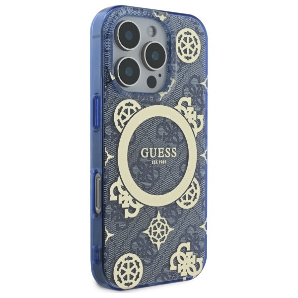 MagSafe Case for Apple iPhone 16 Pro, Guess, IML Peony On 4G Background, Blue