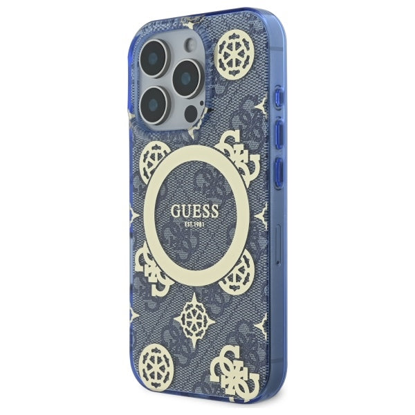 MagSafe Case for Apple iPhone 16 Pro, Guess, IML Peony On 4G Background, Blue