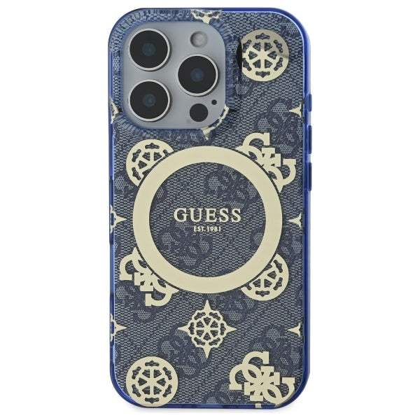 MagSafe Case for Apple iPhone 16 Pro, Guess, IML Peony On 4G Background, Blue