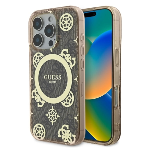 Ovitek MagSafe za Apple iPhone 16 Pro, Guess, IML Peony On 4G Background, Rjava