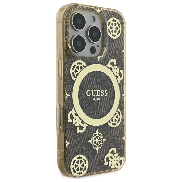 Ovitek MagSafe za Apple iPhone 16 Pro, Guess, IML Peony On 4G Background, Rjava