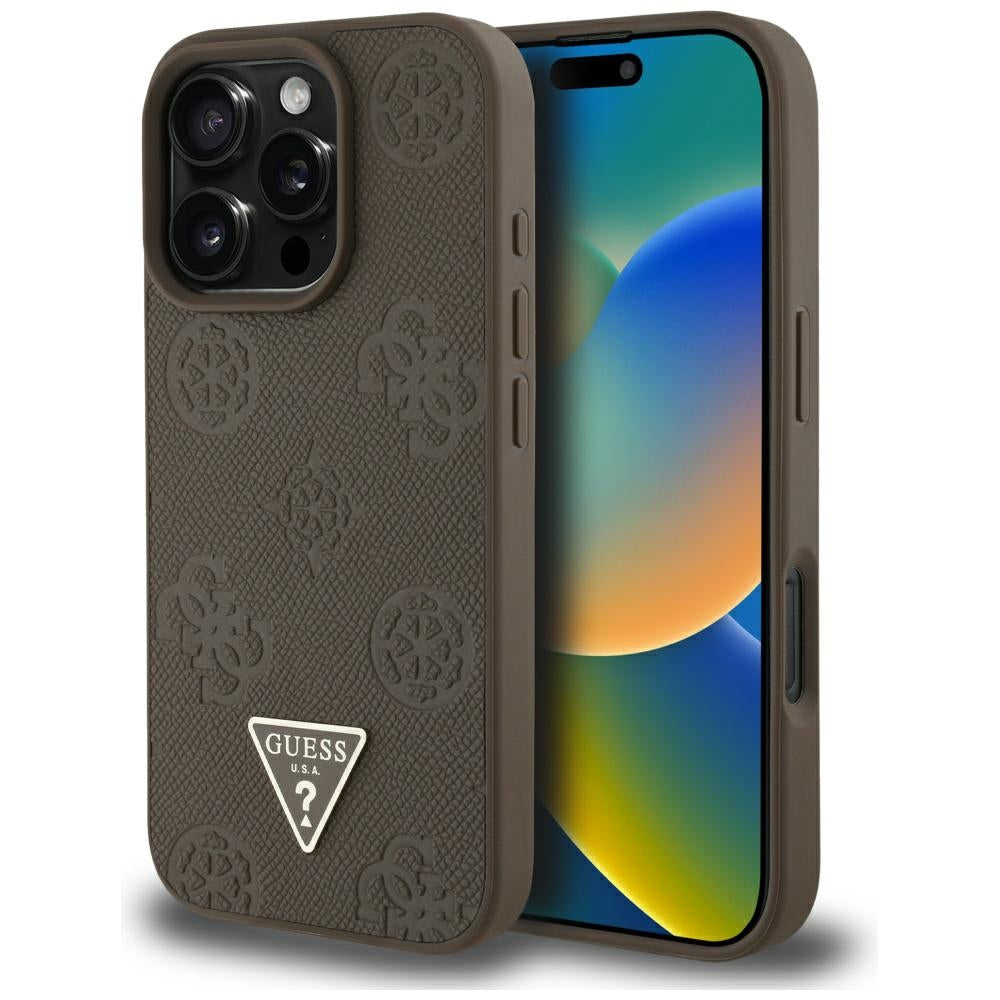 Ovitek MagSafe za Apple iPhone 16 Pro, Guess, Peony Grained Hot Stamp Triangle, Rjava