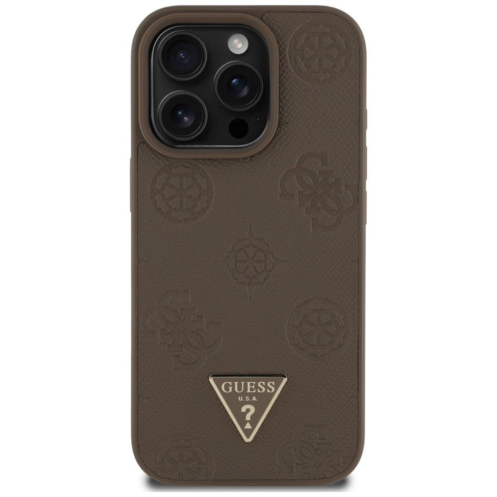 Ovitek MagSafe za Apple iPhone 16 Pro, Guess, Peony Grained Hot Stamp Triangle, Rjava