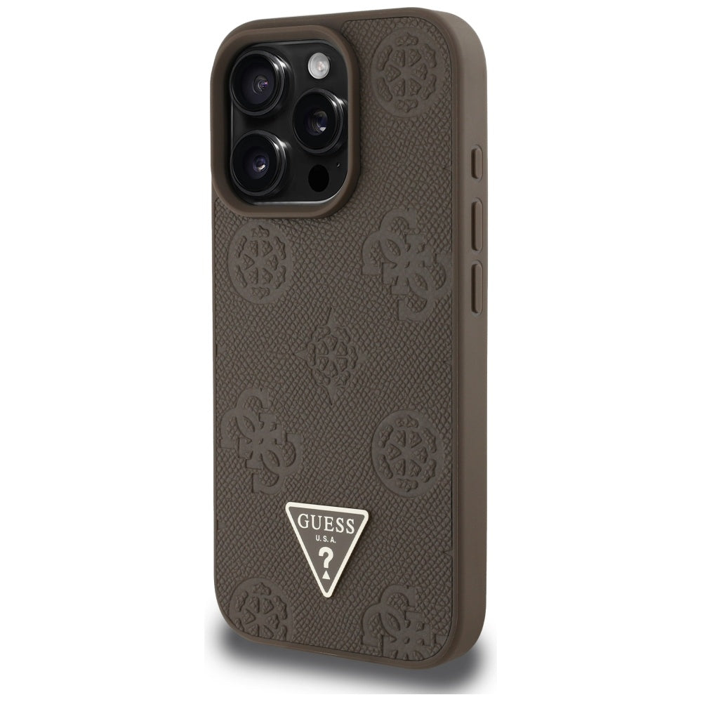Ovitek MagSafe za Apple iPhone 16 Pro, Guess, Peony Grained Hot Stamp Triangle, Rjava