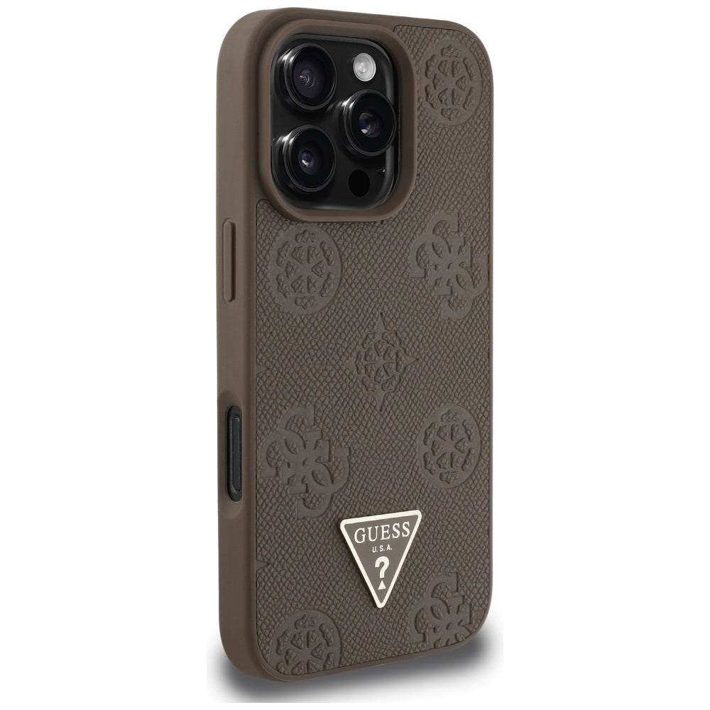 Ovitek MagSafe za Apple iPhone 16 Pro, Guess, Peony Grained Hot Stamp Triangle, Rjava