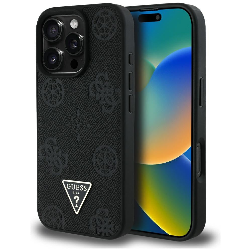 MagSafe ovitek za Apple iPhone 16 Pro, Guess, Peony Grained Hot Stamp Triangle, črn