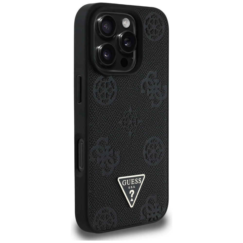 MagSafe ovitek za Apple iPhone 16 Pro, Guess, Peony Grained Hot Stamp Triangle, črn