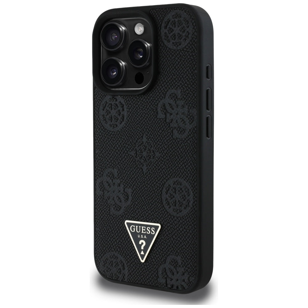 MagSafe ovitek za Apple iPhone 16 Pro, Guess, Peony Grained Hot Stamp Triangle, črn
