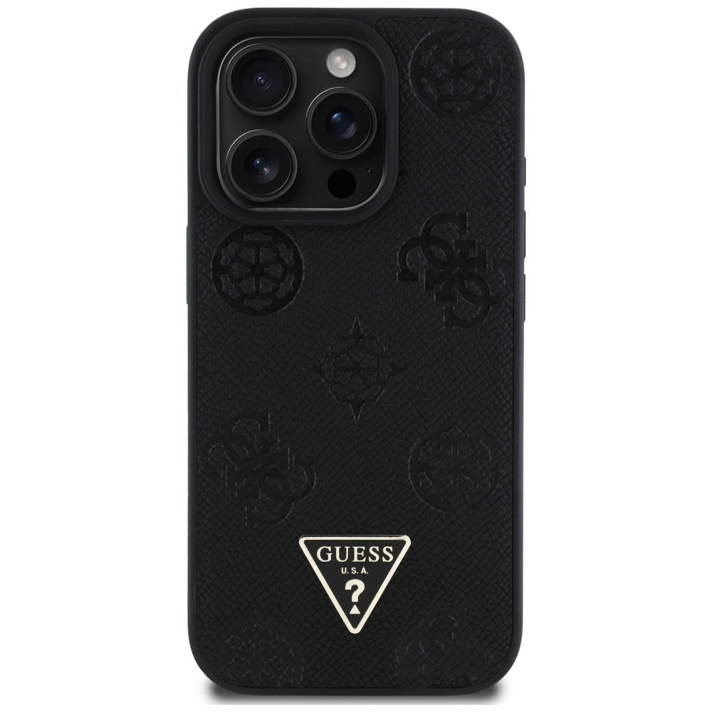 MagSafe ovitek za Apple iPhone 16 Pro, Guess, Peony Grained Hot Stamp Triangle, črn