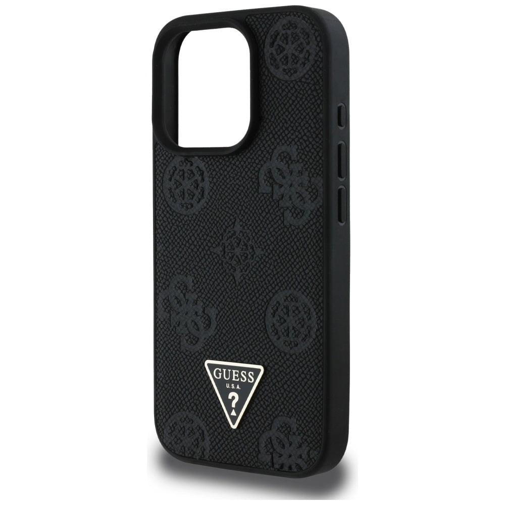 MagSafe ovitek za Apple iPhone 16 Pro, Guess, Peony Grained Hot Stamp Triangle, črn