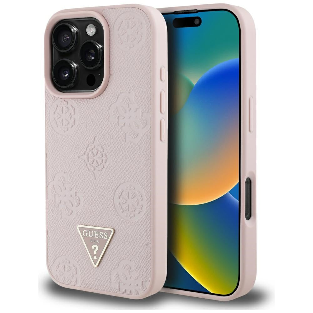 MagSafe ovitek za Apple iPhone 16 Pro, Guess, Peony Grained Hot Stamp Triangle, Roza