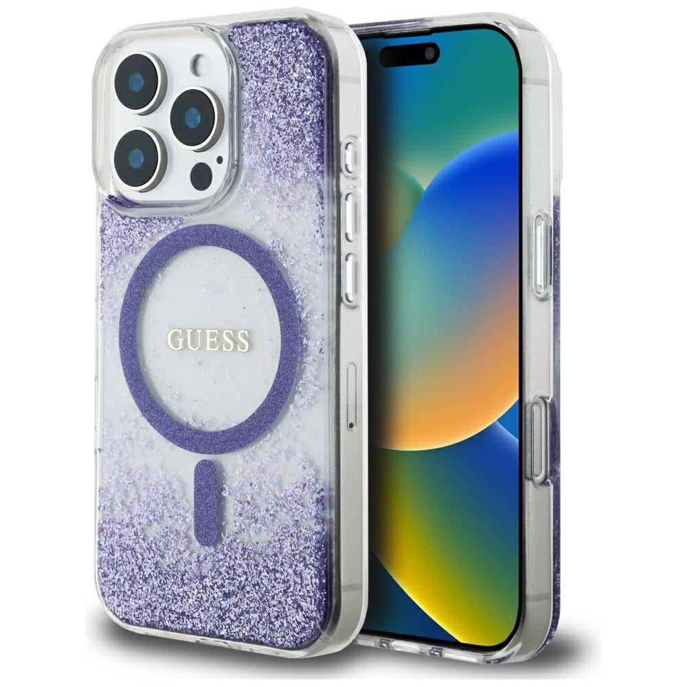 Ovitek MagSafe za Apple iPhone 16 Pro, Guess, Resin Bottom Glitter, Vijolična