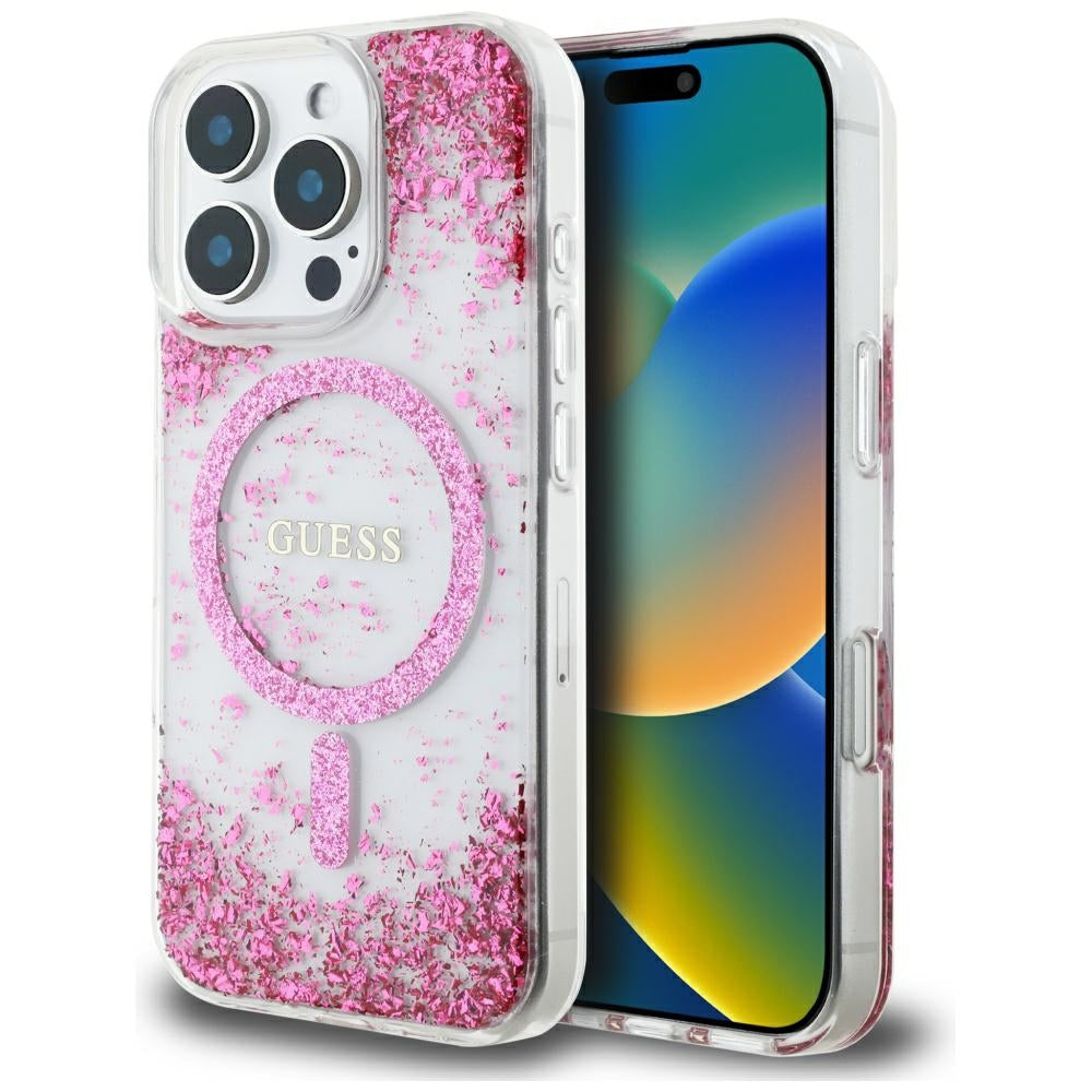 Ovitek MagSafe za Apple iPhone 16 Pro, Guess, Resin Bottom Glitter, Roza