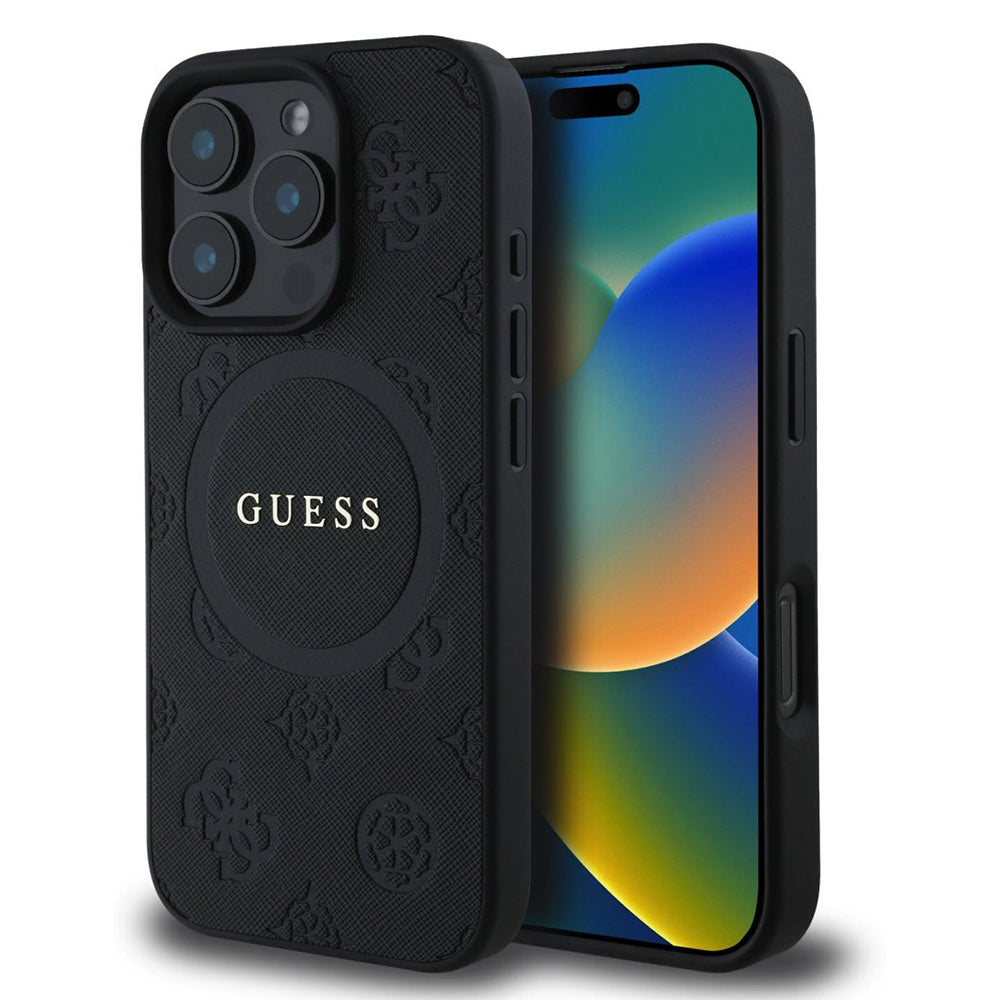 Ovitek MagSafe za Apple iPhone 16 Pro, Guess, Saffiano Peony Classic Logo, črn