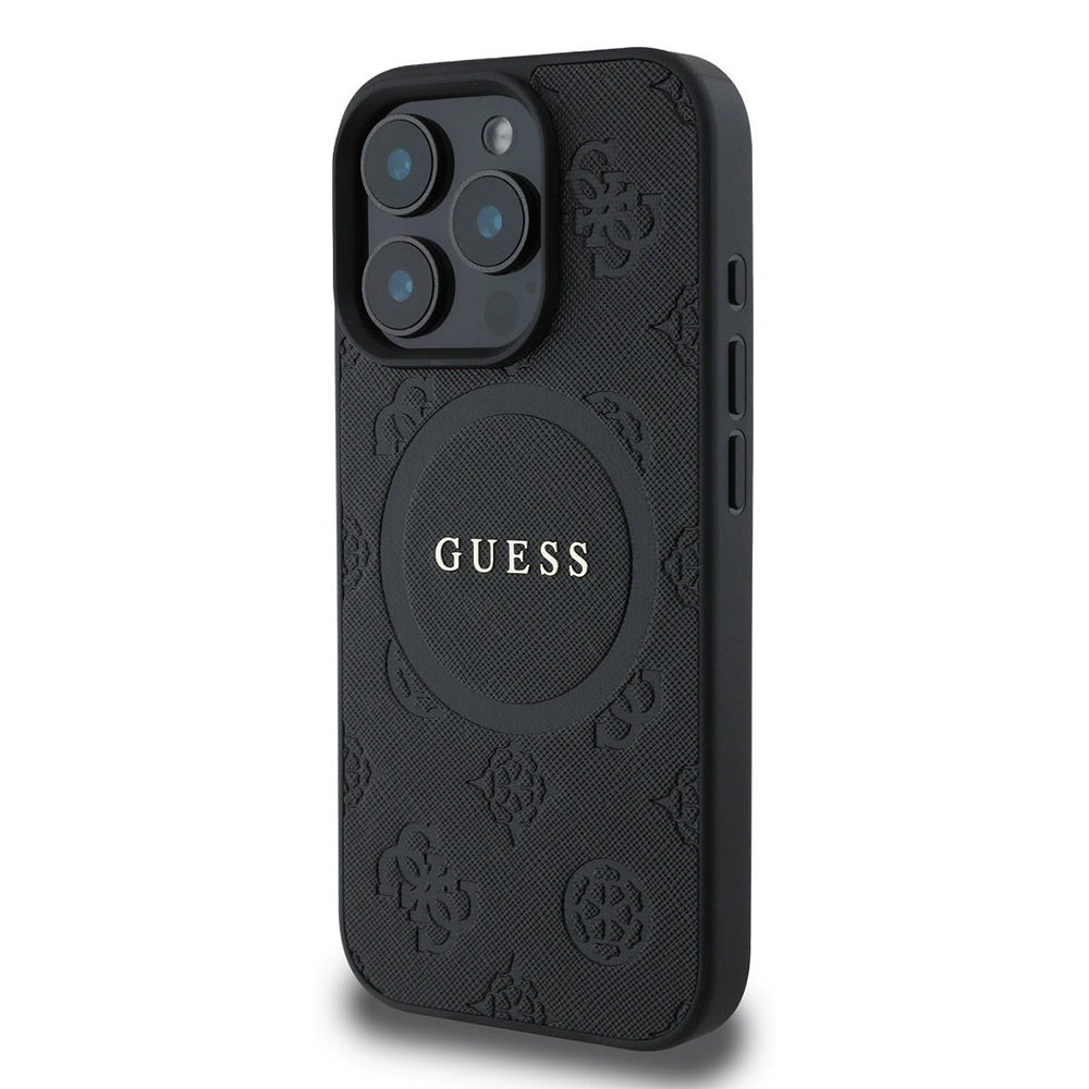 Ovitek MagSafe za Apple iPhone 16 Pro, Guess, Saffiano Peony Classic Logo, črn