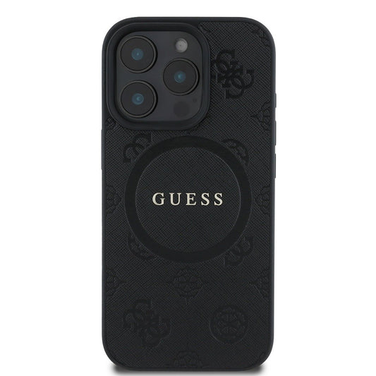 Ovitek MagSafe za Apple iPhone 16 Pro, Guess, Saffiano Peony Classic Logo, črn