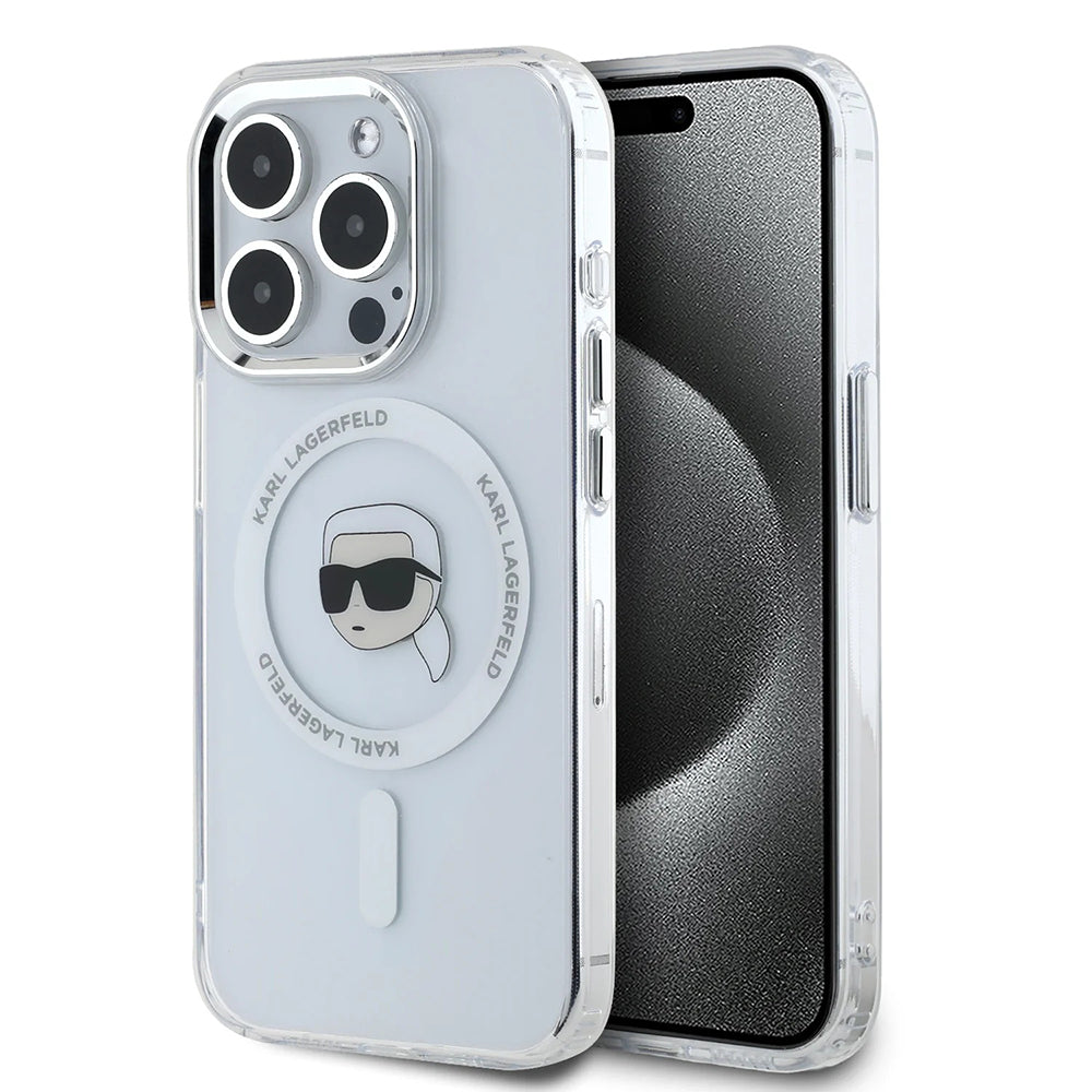 Ovitek MagSafe za Apple iPhone 16 Pro, Karl Lagerfeld, IML Metal Karl's Head, Bela
