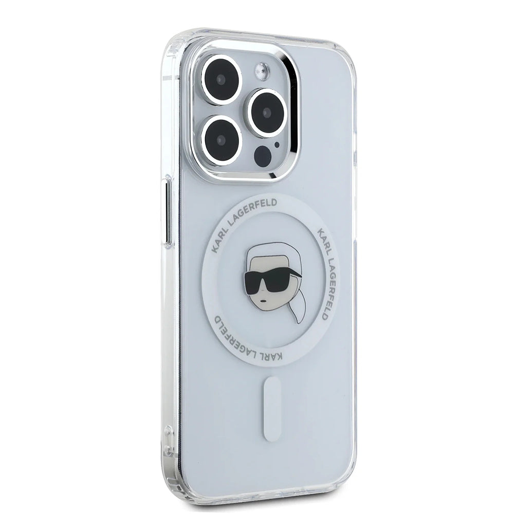 Ovitek MagSafe za Apple iPhone 16 Pro, Karl Lagerfeld, IML Metal Karl's Head, Bela
