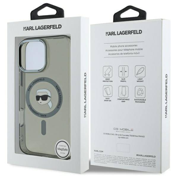 Ovitek MagSafe za Apple iPhone 16 Pro, Karl Lagerfeld, IML Metal Karl's Head, črn