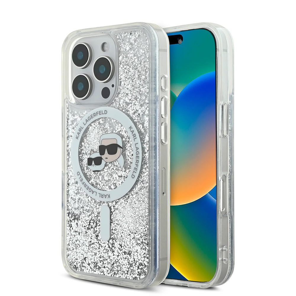 Ovitek MagSafe za Apple iPhone 16 Pro, Karl Lagerfeld, Liquid Glitter Karl & Choupette's Heads, Prozoren