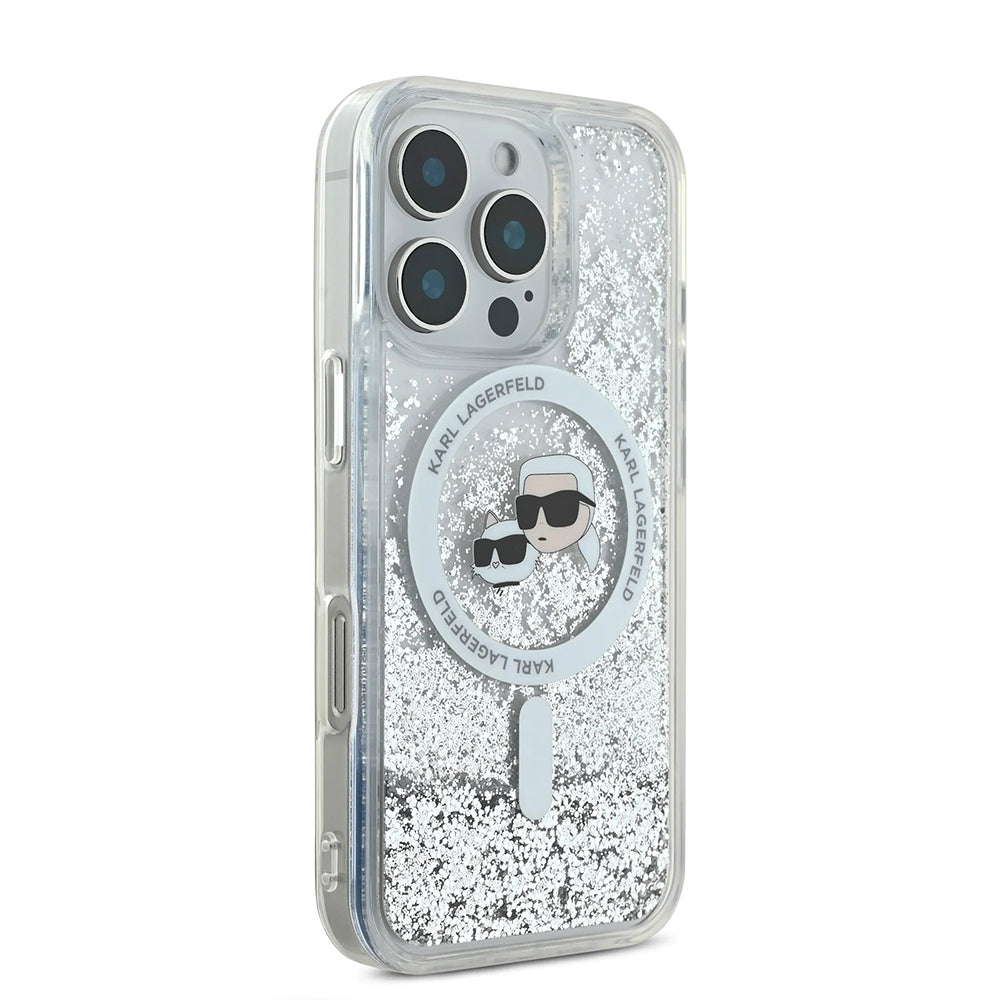 Ovitek MagSafe za Apple iPhone 16 Pro, Karl Lagerfeld, Liquid Glitter Karl & Choupette's Heads, Prozoren