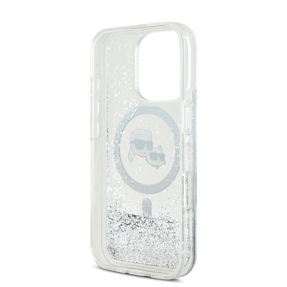 Ovitek MagSafe za Apple iPhone 16 Pro, Karl Lagerfeld, Liquid Glitter Karl & Choupette's Heads, Prozoren