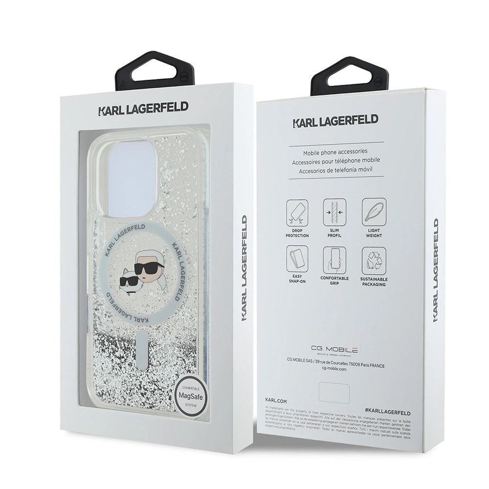 Ovitek MagSafe za Apple iPhone 16 Pro, Karl Lagerfeld, Liquid Glitter Karl & Choupette's Heads, Prozoren