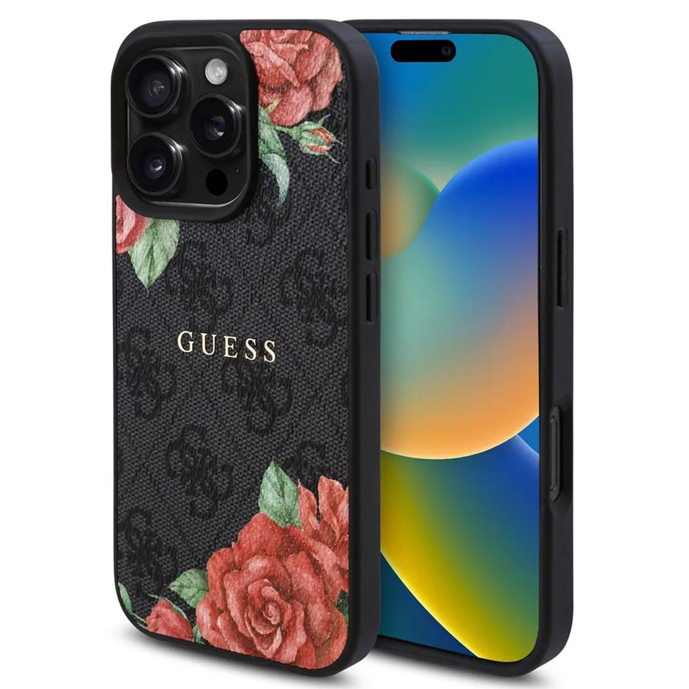 MagSafe ovitek za Apple iPhone 16 Pro Max, Guess, 4G Flowers Print, črn