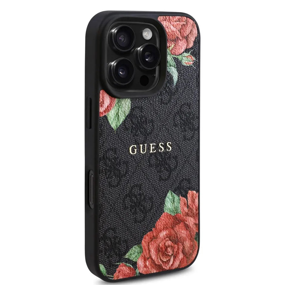 MagSafe ovitek za Apple iPhone 16 Pro Max, Guess, 4G Flowers Print, črn