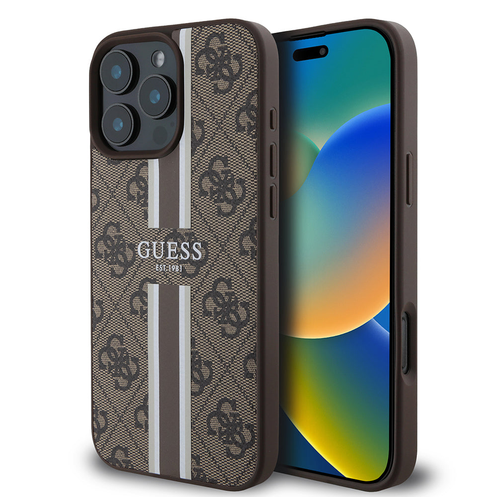 Ovitek MagSafe za Apple iPhone 16 Pro Max, Guess, 4G Printed Stripes, rjava