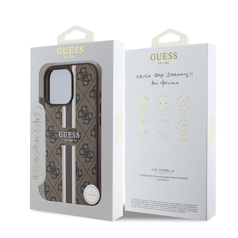 Ovitek MagSafe za Apple iPhone 16 Pro Max, Guess, 4G Printed Stripes, rjava