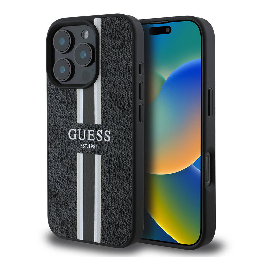 MagSafe ovitek za Apple iPhone 16 Pro Max, Guess, 4G Printed Stripes, črn