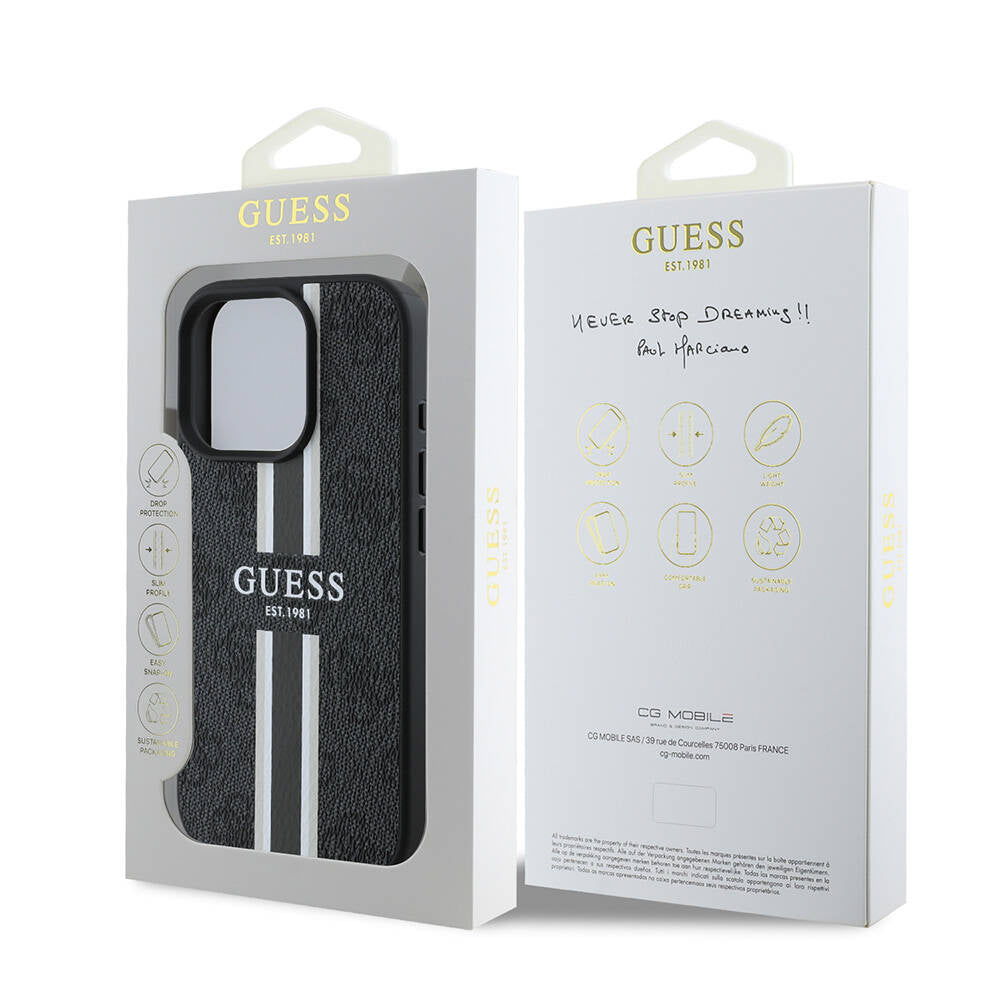 MagSafe ovitek za Apple iPhone 16 Pro Max, Guess, 4G Printed Stripes, črn