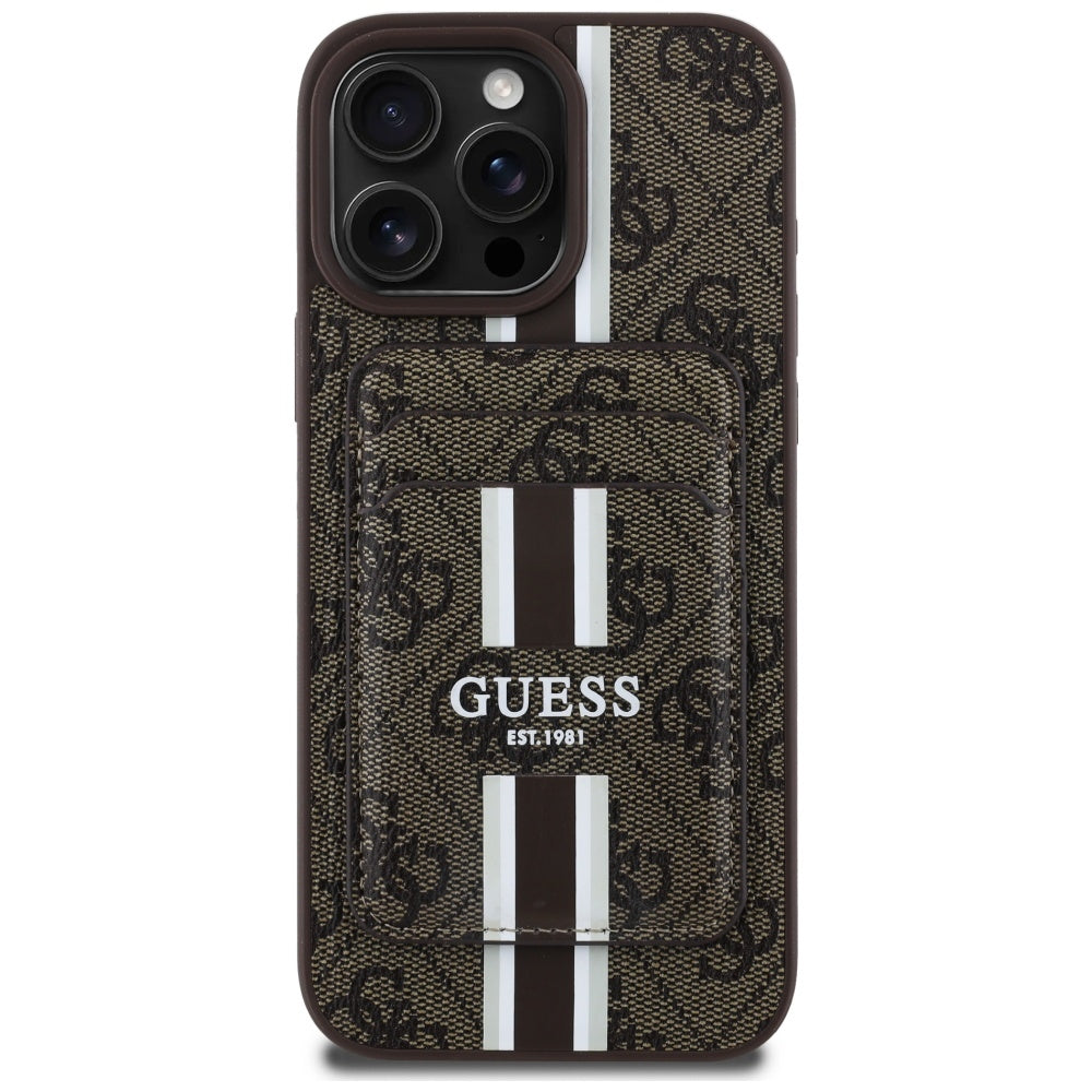 Ovitek MagSafe za Apple iPhone 16 Pro Max, Guess, Cardslot 4G Stripes, rjava