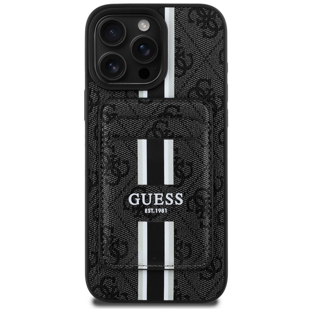 Ovitek MagSafe za Apple iPhone 16 Pro Max, Guess, Cardslot 4G Stripes, Črn