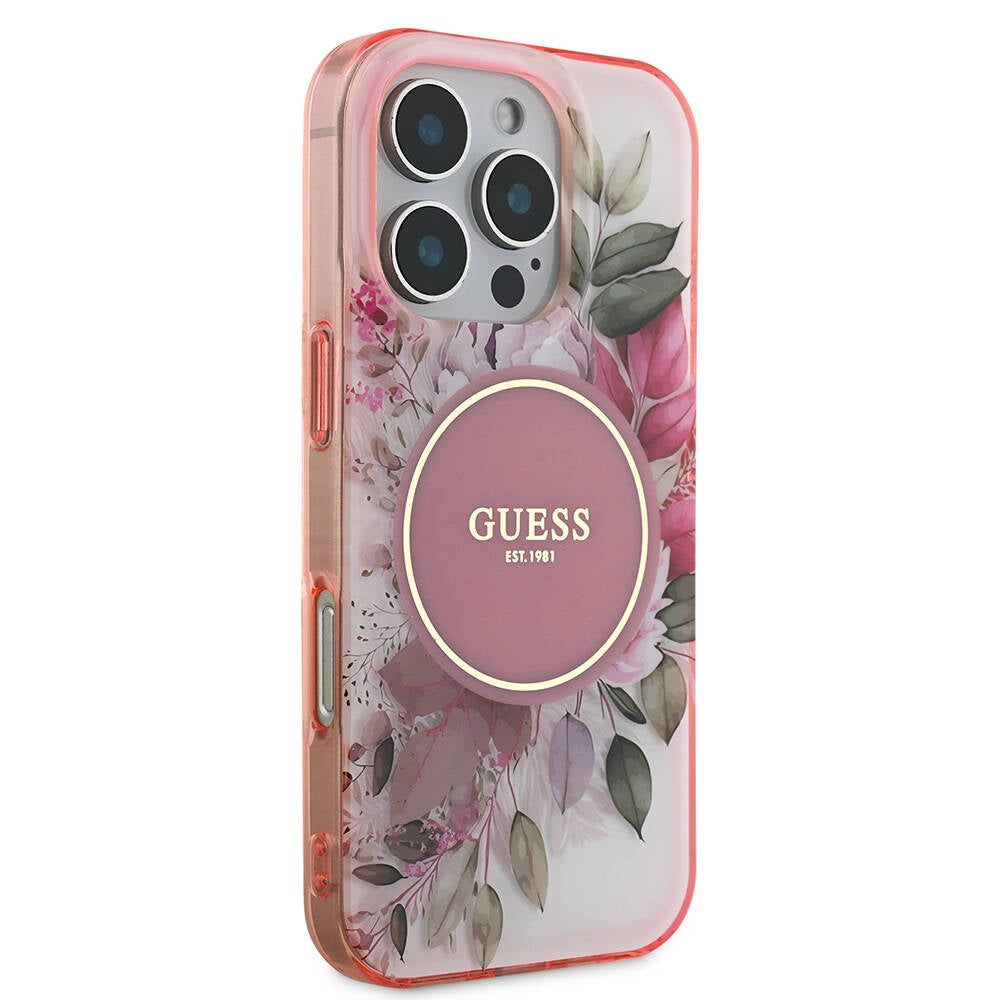 Ovitek MagSafe za Apple iPhone 16 Pro Max, Guess, IML Flower & Tonal Circle, Roza