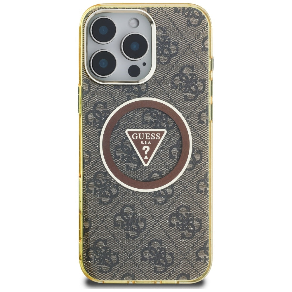 Ovitek MagSafe za Apple iPhone 16 Pro Max, Guess, IML Glitter 4G Circle Triangle, rjava