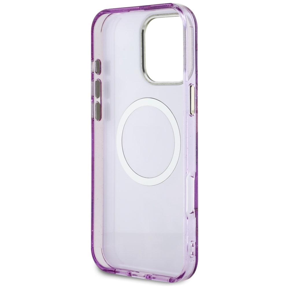 MagSafe Case for Apple iPhone 16 Pro Max, Guess, IML Metal Glitter Flowers Triangle, Purple
