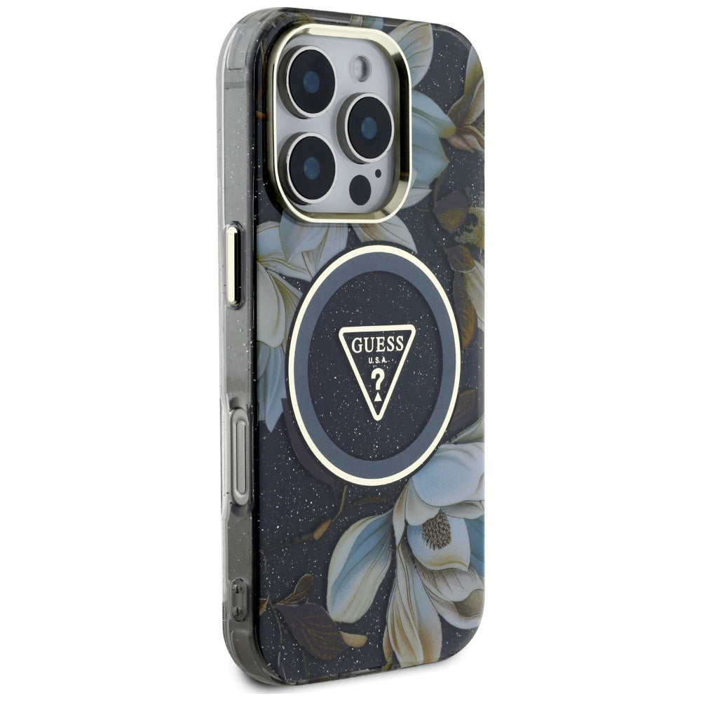 Ovitek MagSafe za Apple iPhone 16 Pro Max, Guess, IML Metal Glitter Flowers Triangle, črn